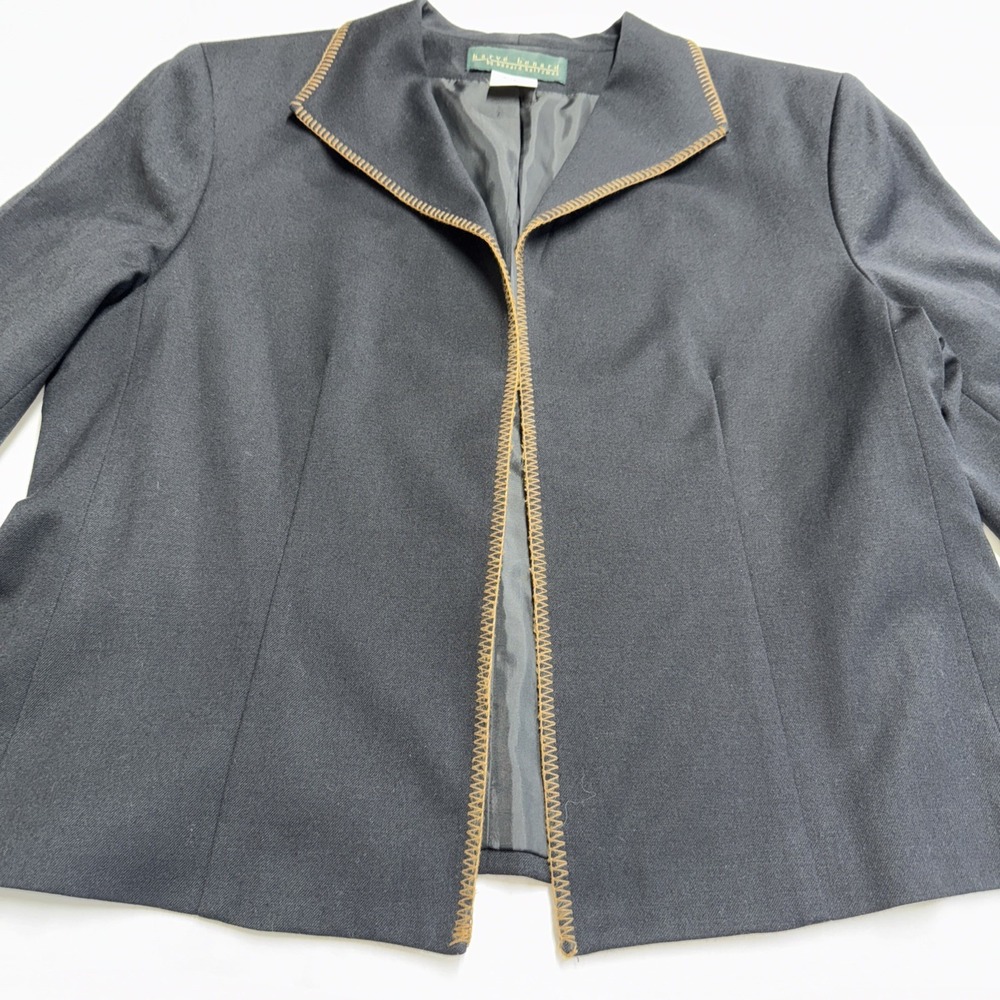 Harve Bernard Women's Suite Blazer Black W/Brown Trim Wool Blend Lined  Size16